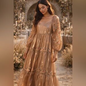 NWT Savanna Jane Shimmer Champagne Embroidery Dress Medium